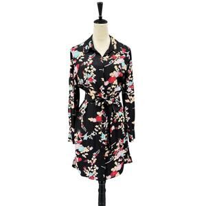 Diane Von Furstenberg Black Floral Print Long Sleeve Button Down Silk Dress
